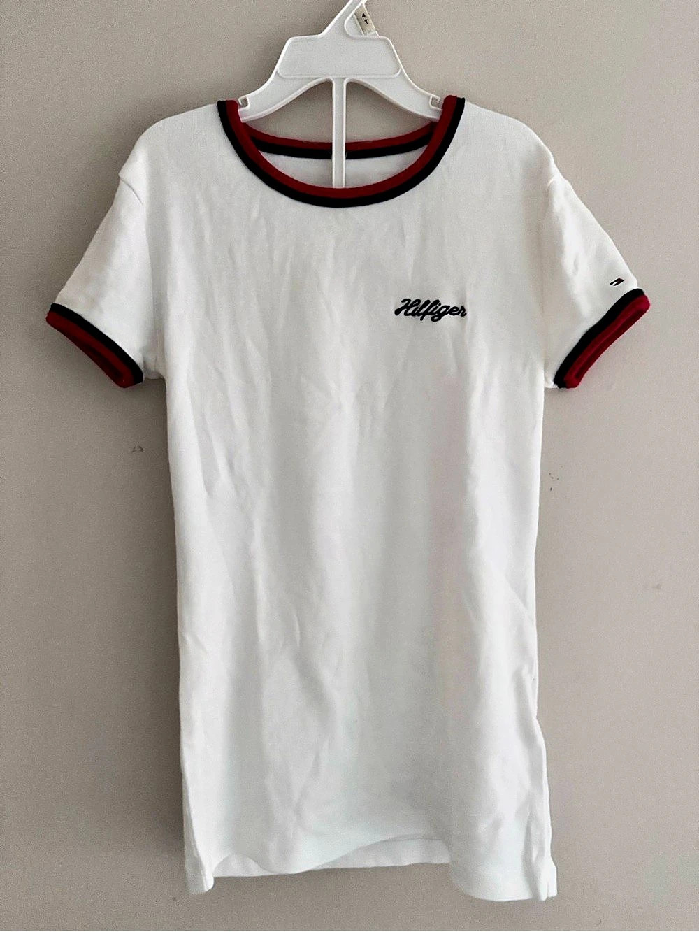 Tommy Hilfiger Script Monogram Striped Ringer T-Shirt Tee White & Red XS